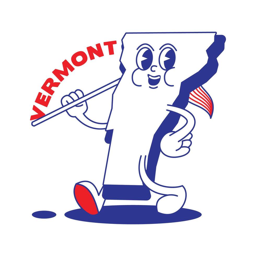 Vermont staat retro mascotte met hand- en voet klem kunst. Verenigde Staten van Amerika kaart retro tekenfilm stickers met grappig grappig tekens en gehandschoende handen. vector sjabloon voor website, ontwerp, omslag, infographics.
