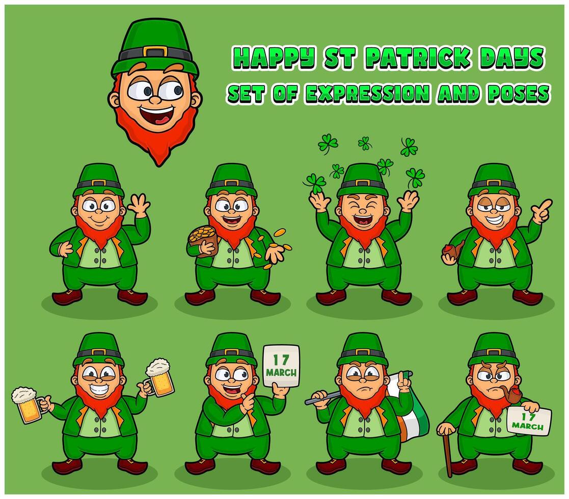 gelukkig st Patrick dagen met reeks van uitdrukking poses mensen karakter tekenfilm. vector