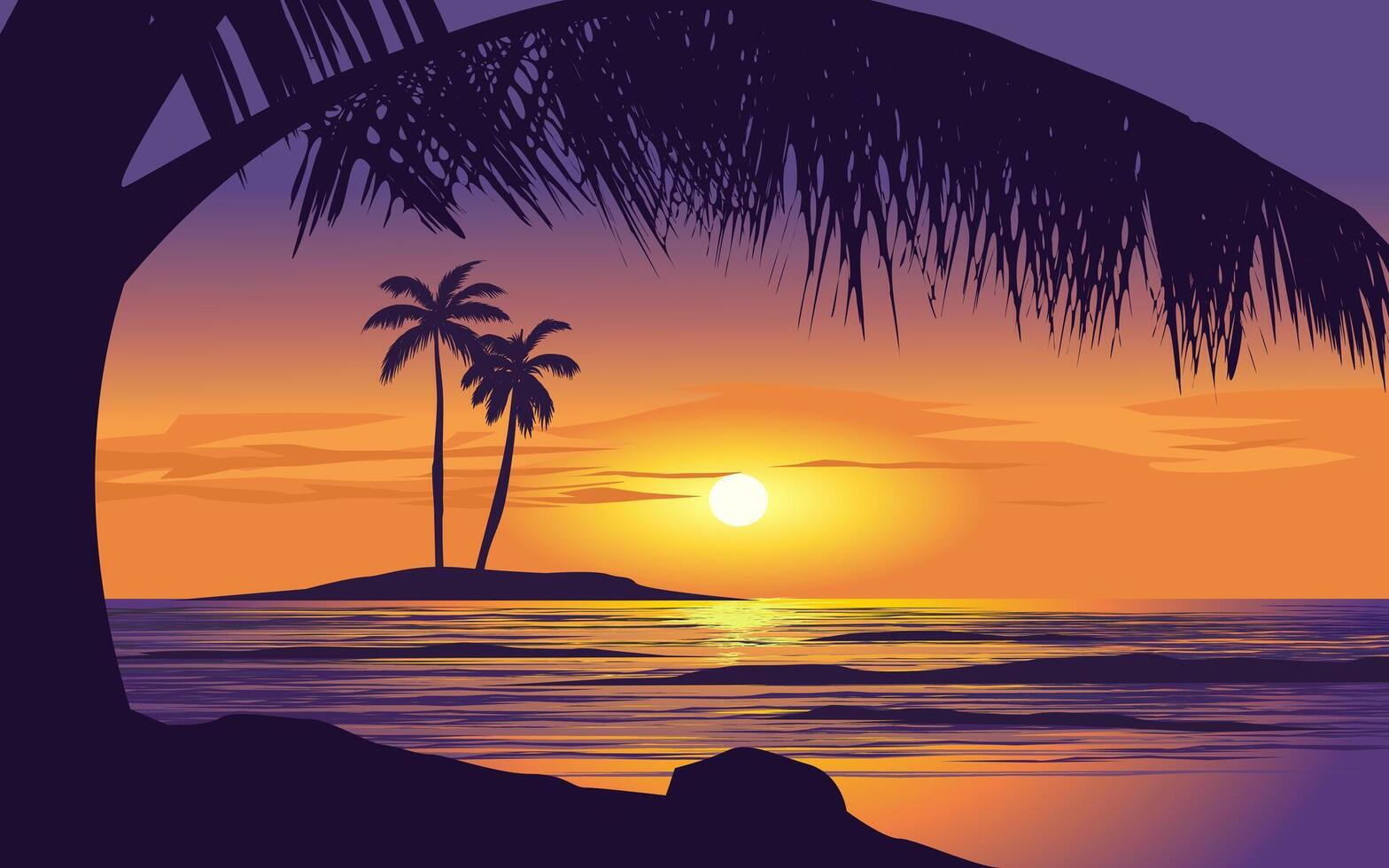 dramatisch zonsondergang in mooi strand met eiland palm bomen vector