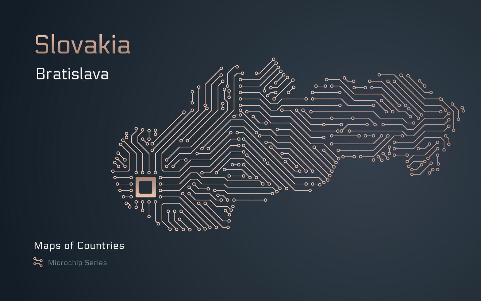 Slowakije, kaart met een hoofdstad van Bratislava getoond in een microchip patroon. e-overheid. wereld landen vector kaarten. microchip serie