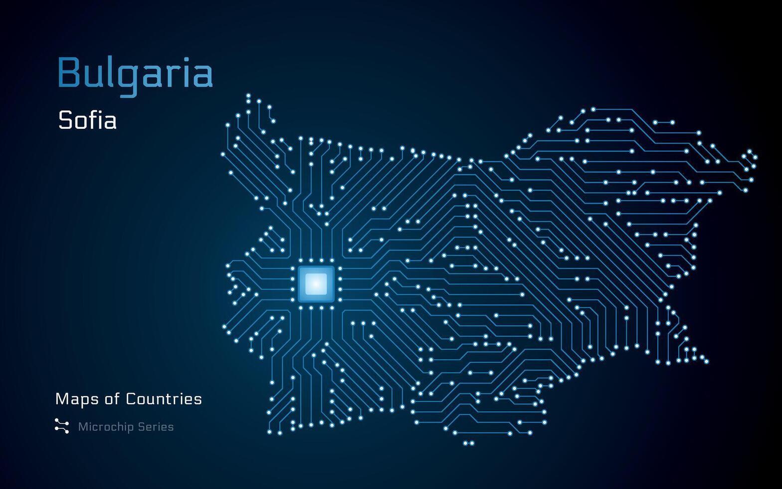 bulgarije kaart met een hoofdstad van Sofia getoond in een microchip patroon met verwerker. e-overheid. wereld landen vector kaarten. microchip serie