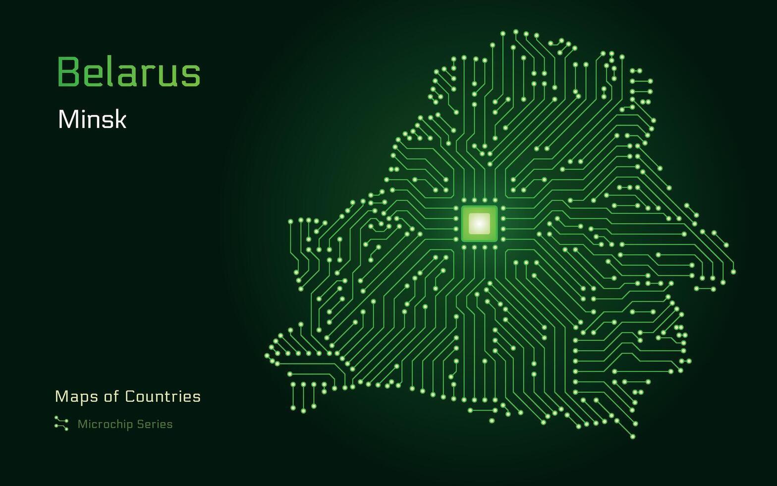 Wit-Rusland kaart met een hoofdstad van Minsk getoond in een microchip patroon. e-overheid. wereld landen vector kaarten. microchip serie