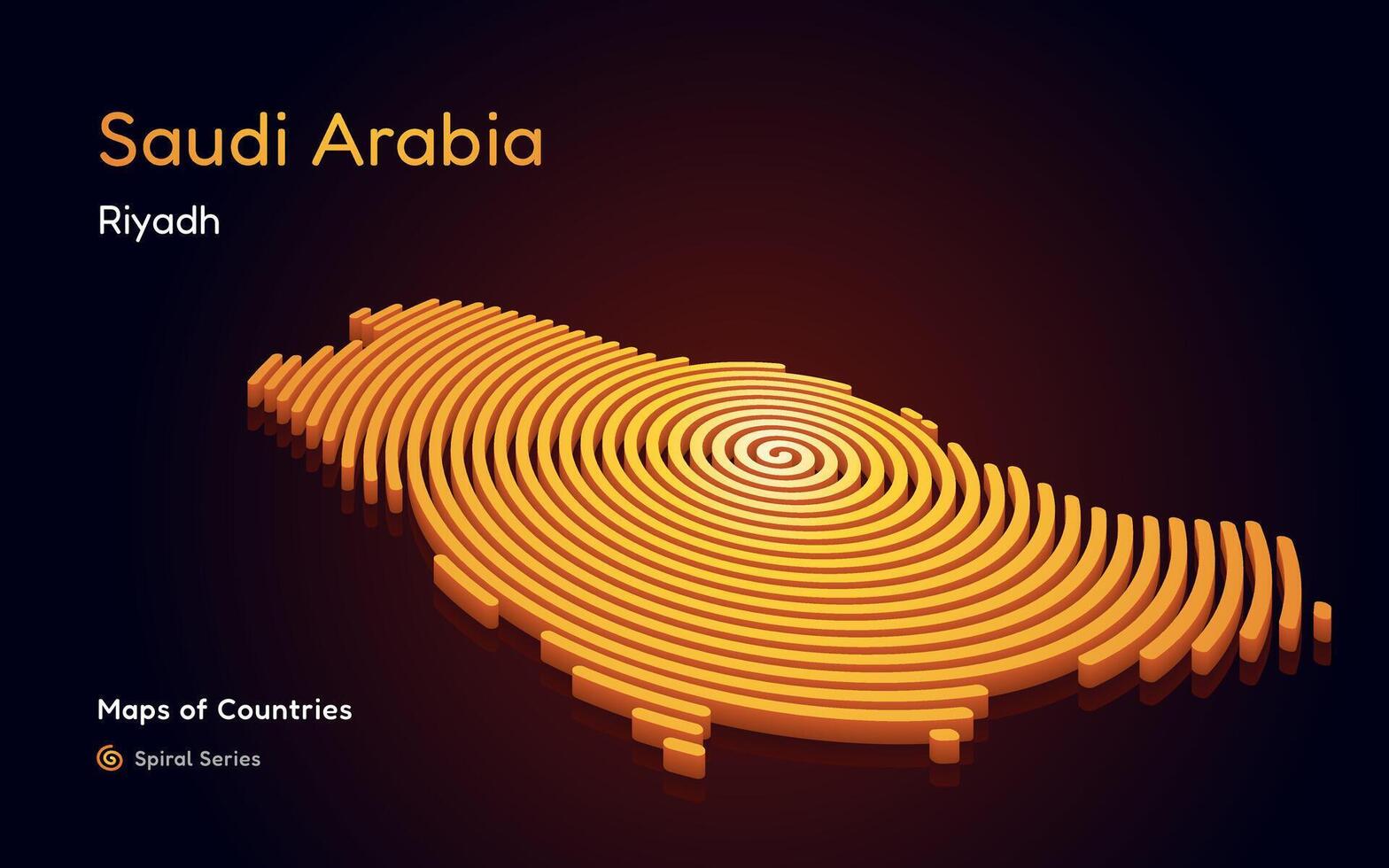 3d goud vector kaart van saudi Arabië in een cirkel spiraal patroon met een hoofdstad van Riyadh