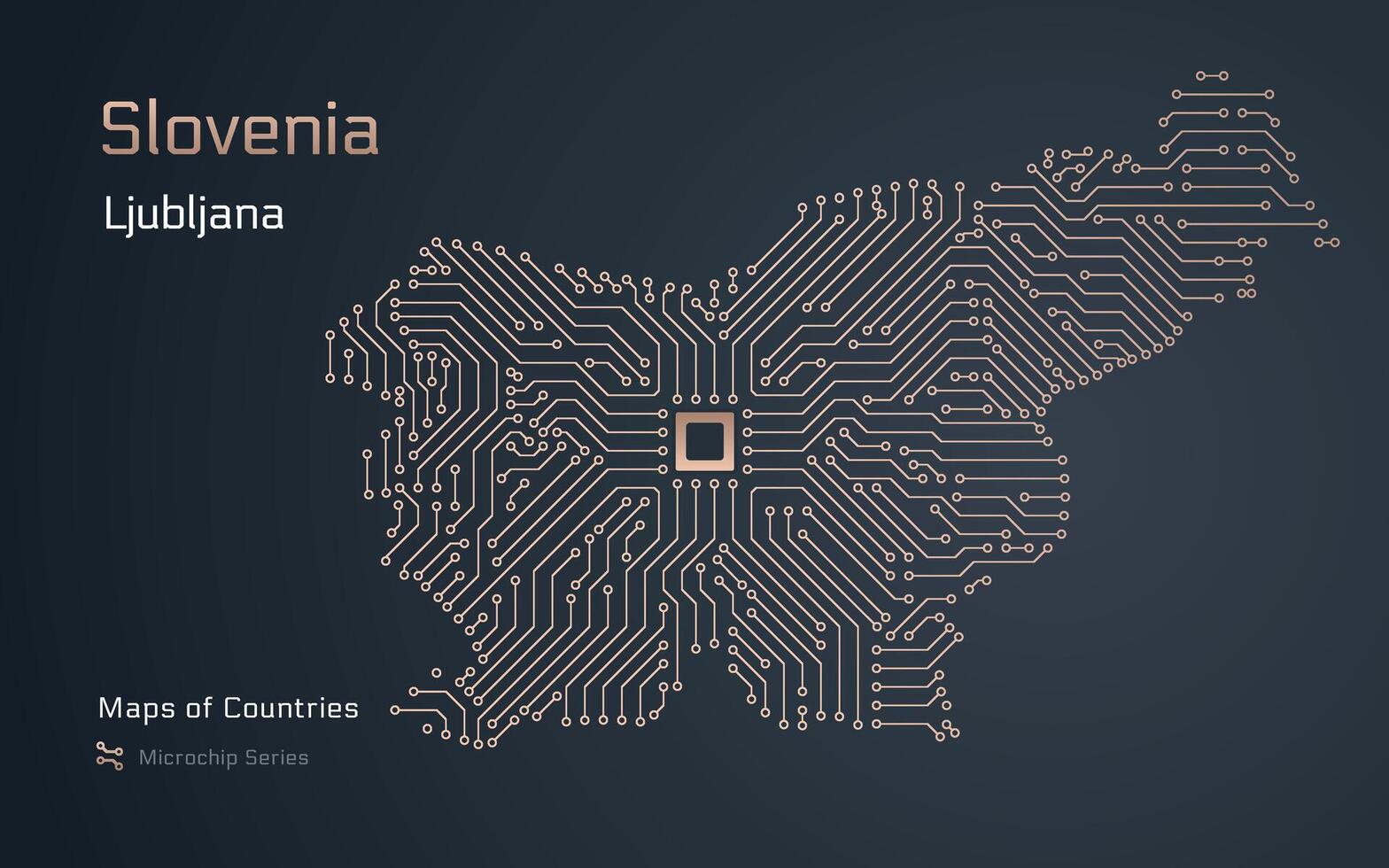 Slovenië, kaart met een hoofdstad van ljubljana getoond in een microchip patroon. e-overheid. wereld landen vector kaarten. microchip serie