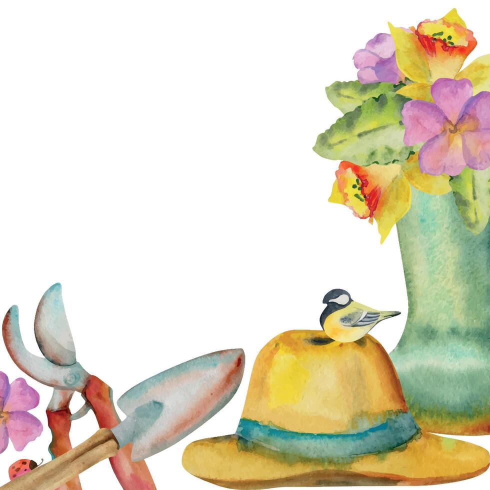 hand- getrokken waterverf illustratie voorjaar tuinieren gereedschap Schep snoeien schaar, hoed rubber laarzen met bloemen, tit vogel. plein kader geïsoleerd Aan wit achtergrond. ontwerp afdrukken, winkel, scrapbooking vector