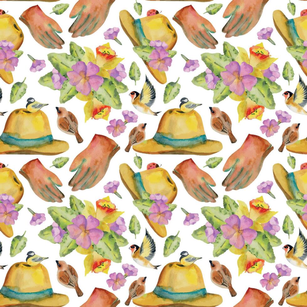 hand- getrokken waterverf illustratie voorjaar tuinieren kleren accessoire, hoed handschoenen met bloemen en vogels. naadloos patroon geïsoleerd Aan wit achtergrond. ontwerp afdrukken, winkel, scrapbooken, verpakking vector