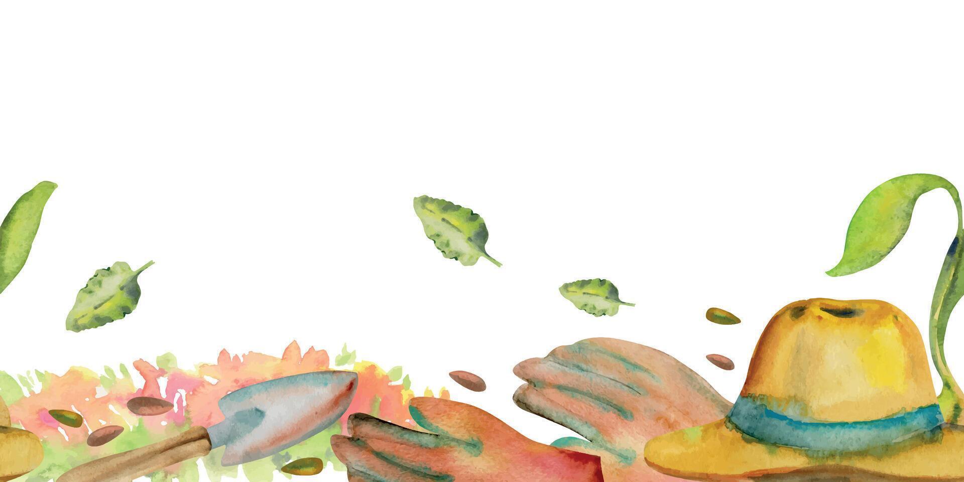 hand- getrokken waterverf illustratie voorjaar tuinieren gereedschap kleren hoed handschoenen bloembed zaden Schep. naadloos banier geïsoleerd Aan wit achtergrond. ontwerp afdrukken winkel, scrapbooken, verpakking, behang vector