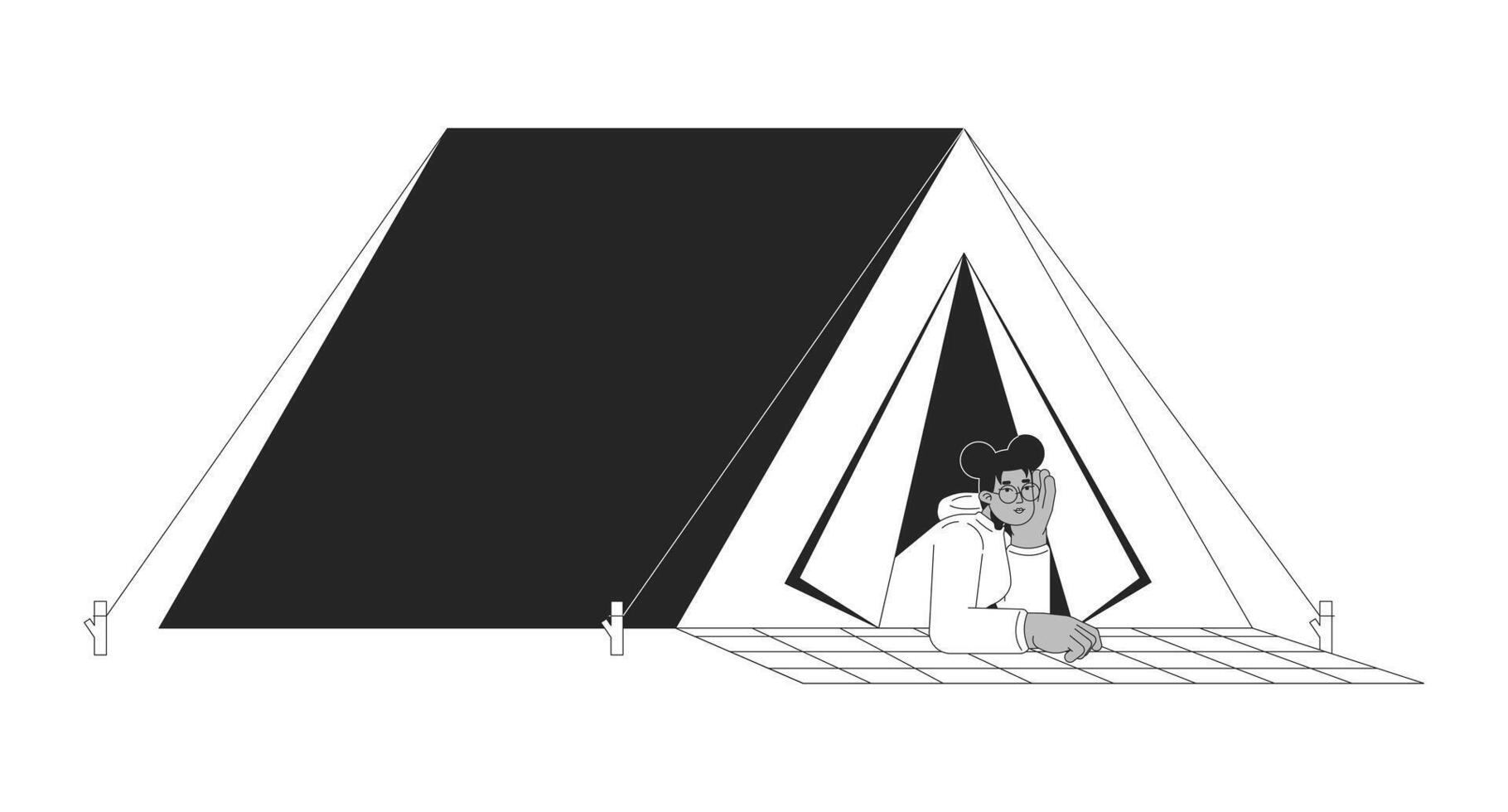 zwart meisje aan het liegen Bij camping tent zwart en wit 2d lijn tekenfilm karakter. Afro-Amerikaans vrouw leerling geïsoleerd vector schets persoon. reislust wandelaar vrouw monochromatisch vlak plek illustratie