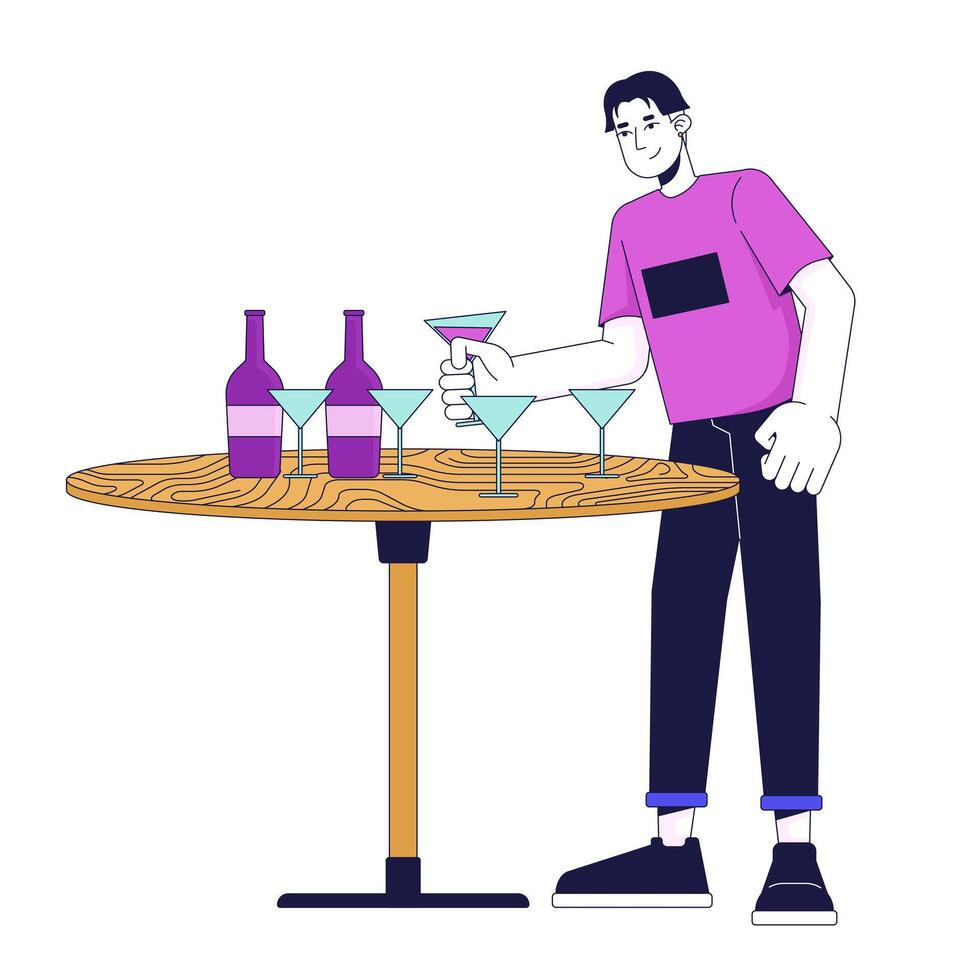 Aziatisch mannetje nemen drinken Bij partij 2d lineair tekenfilm karakter. jong Mens kiezen cocktail Aan tafel geïsoleerd lijn vector persoon wit achtergrond. vakantie behandeling kleur vlak plek illustratie