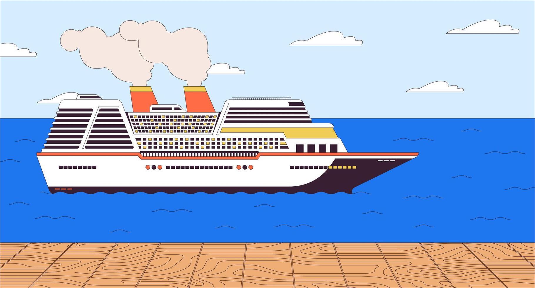 reis schip pier tekenfilm vlak illustratie. haven cruiseschip 2d lijn landschap kleurrijk achtergrond. luxe boot. zee reis. oceaan vervoer. reis oceaan voering tafereel vector verhaal vertellen beeld