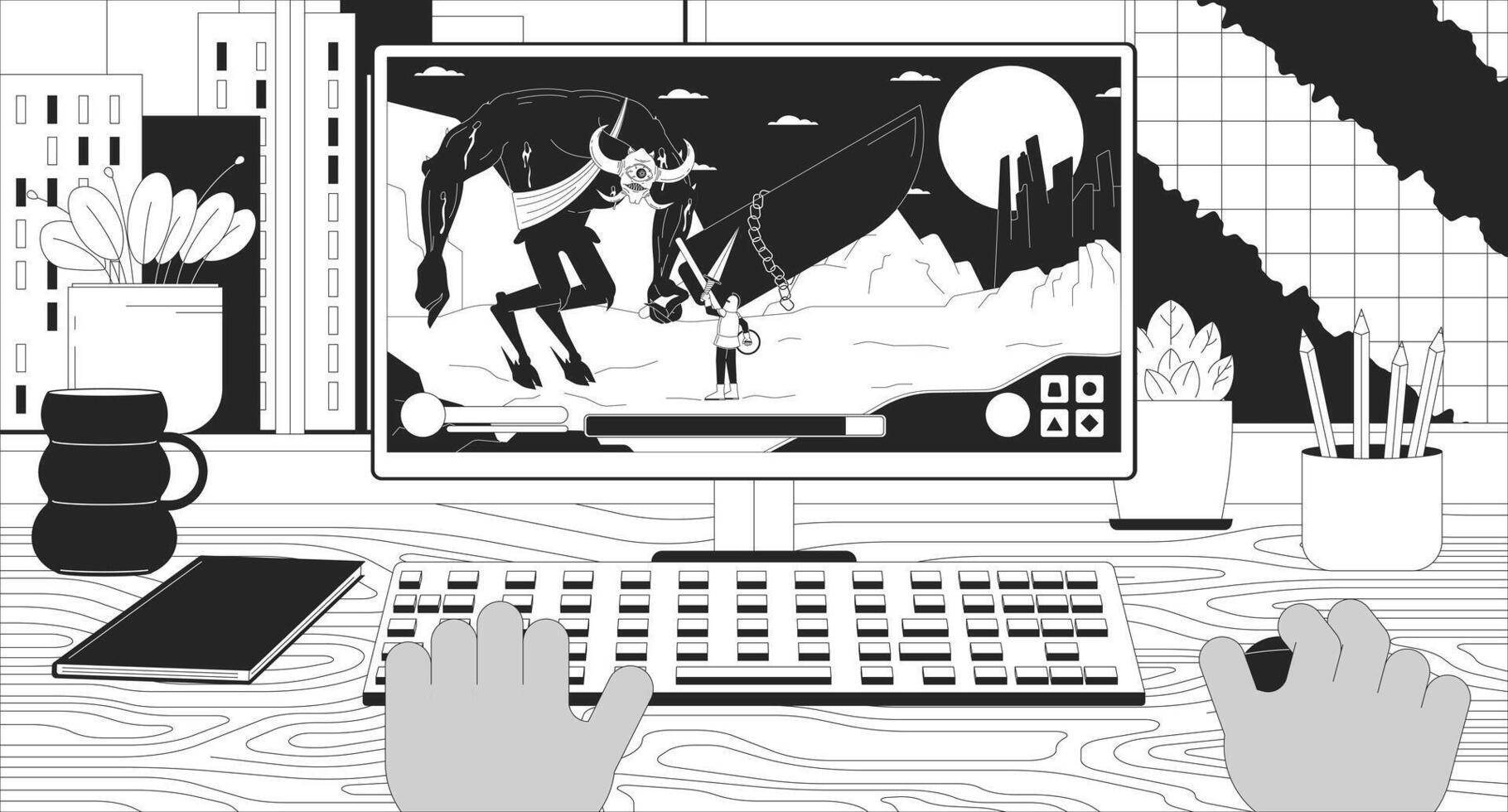 zwart gebruiker spelen computer spel 2d lineair illustratie concept. gamer verslaan baas demon in rpg tekenfilm tafereel achtergrond. computer gaming hobby metafoor abstract vlak vector schets grafisch
