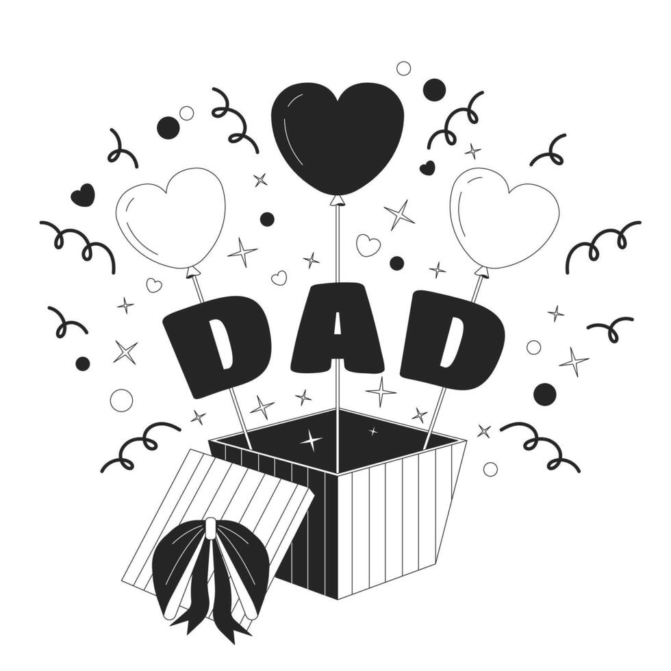 geschenk doos vader dag zwart en wit 2d illustratie concept. Open giftbox vader verjaardag verrassing tekenfilm schets voorwerp geïsoleerd Aan wit. papa Cadeau harten uit doos metafoor monochroom vector kunst