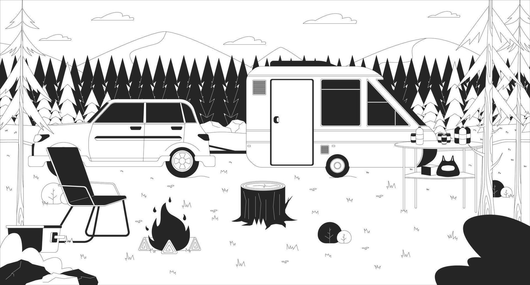 camping aanhangwagen in Woud zwart en wit lijn illustratie. camping reizen 2d landschap monochroom achtergrond. camping voertuigen apparatuur. solo reis. bos- camper schets tafereel vector beeld