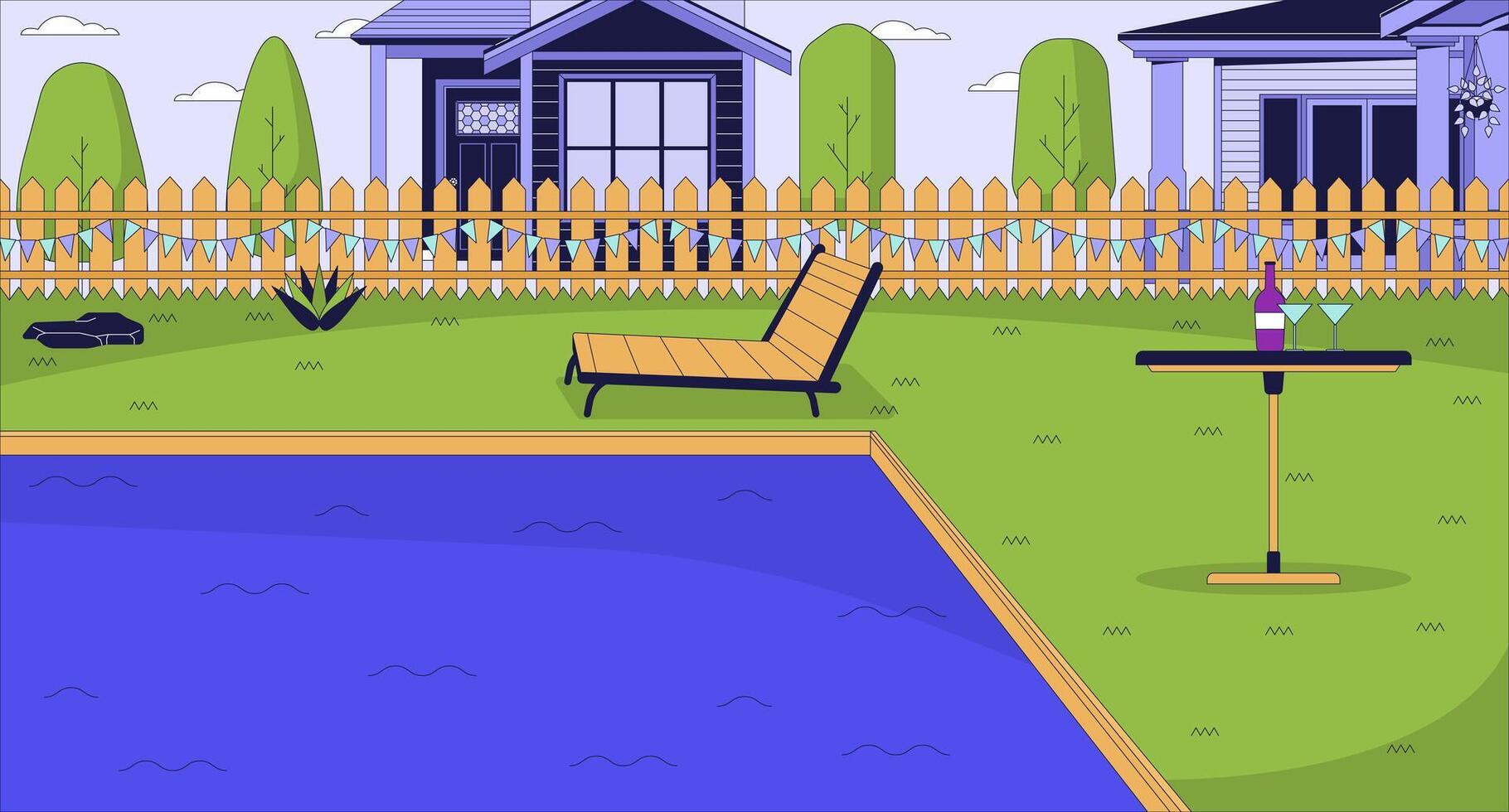 luxe zwembad Oppervlakte tekenfilm vlak illustratie. partij en kom tot rust. achtertuin zwemmen zwembad in zomer 2d lijn landschap kleurrijk achtergrond. recreatie Bij zwembad tafereel vector verhaal vertellen beeld