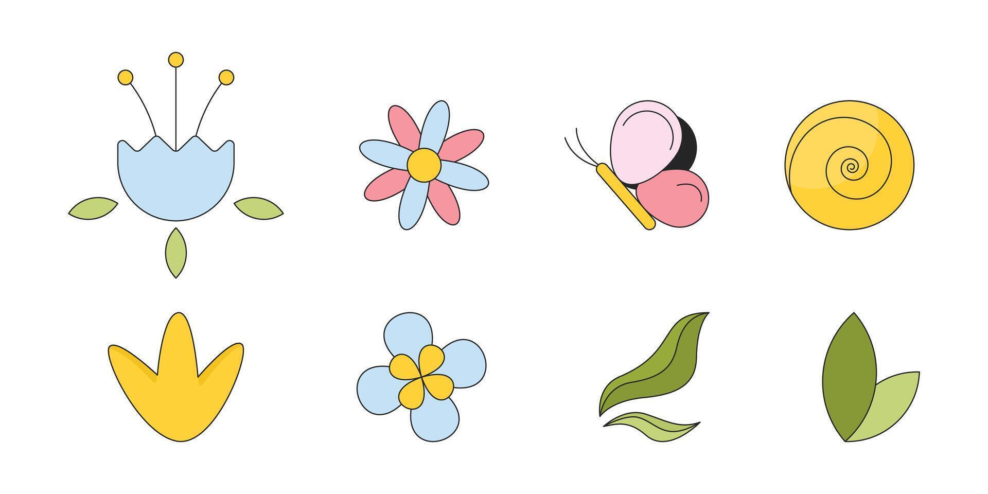 bladeren bloemen vlinder 2d lineair tekenfilm voorwerpen set. zomer natuurlijk. lente planten geïsoleerd lijn vector elementen wit achtergrond. wild natuur voorjaar kleur vlak plek illustratie verzameling