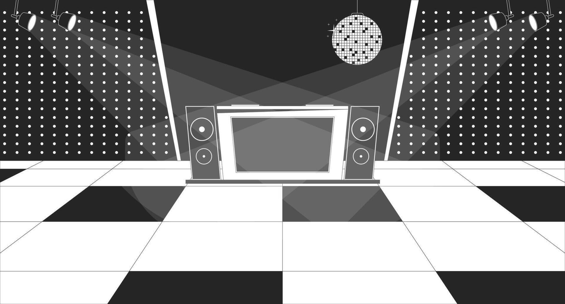 disco club dansvloer zwart en wit lijn illustratie. 80s stijl musical feest. dj reeks in club. wijnoogst nachtclub 2d interieur monochroom achtergrond. discotheek schets tafereel vector beeld