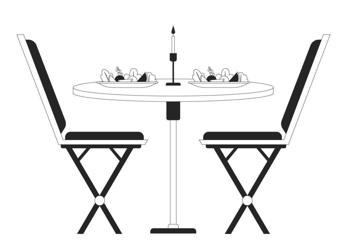 romantisch avondeten tafel stoelen zwart en wit 2d lijn tekenfilm voorwerp. restaurant maaltijd borden door kaarslicht geïsoleerd vector schets item. datum nacht door kaars licht monochromatisch vlak plek illustratie