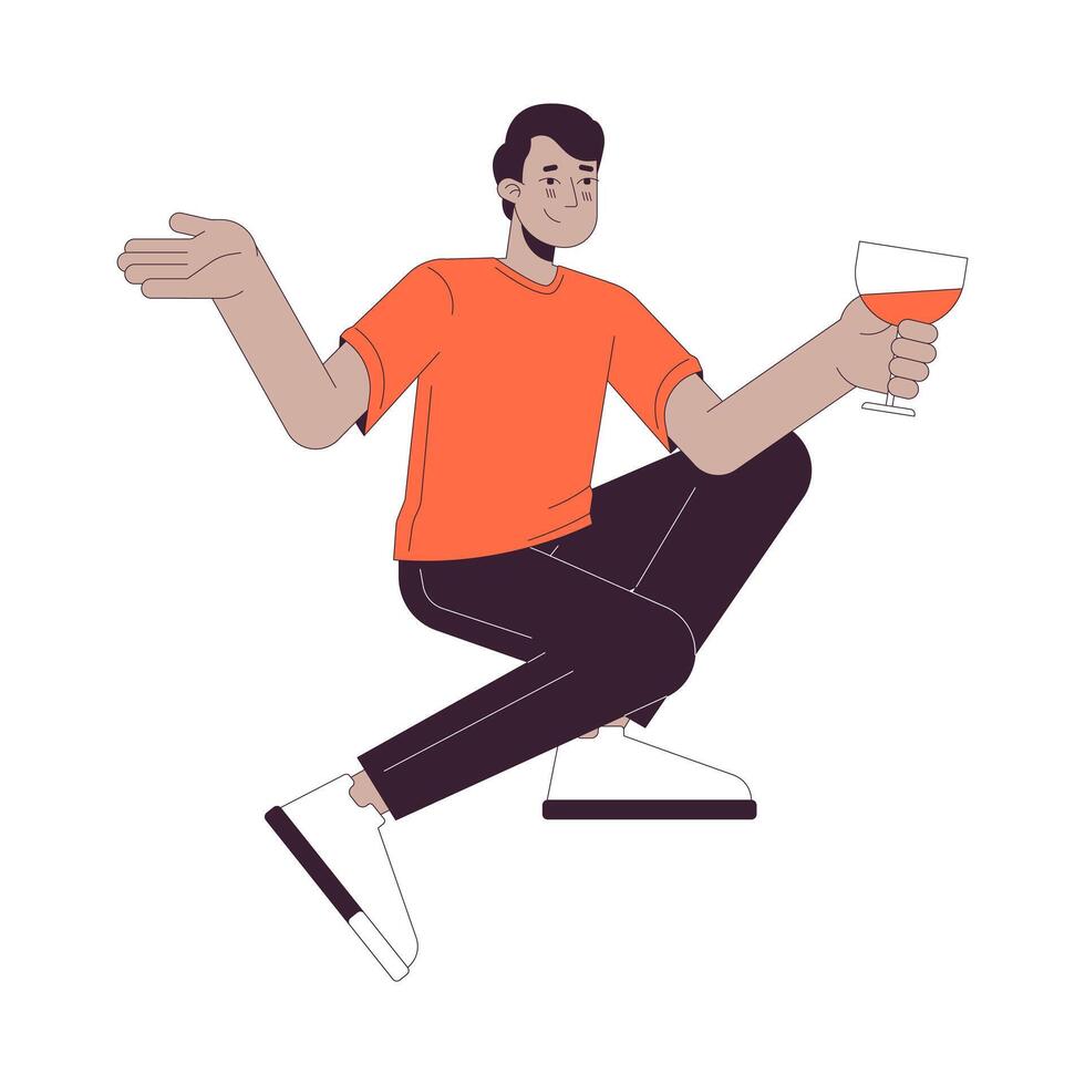 Indisch Mens drinken cocktail 2d lineair tekenfilm karakter. zuiden Aziatisch vent Holding wijnglas geïsoleerd lijn vector persoon wit achtergrond. proost jong volwassen mannetje kleur vlak plek illustratie