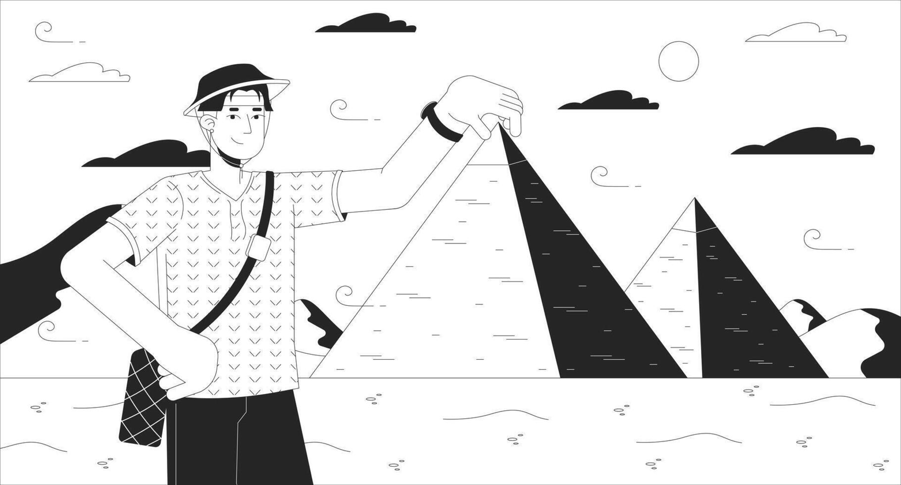 Egypte piramides bezienswaardigheden bekijken zwart en wit lijn illustratie. vakantie toerist Aziatisch Mens 2d karakter monochroom achtergrond. Koreaans mannetje reiziger poseren Holding piramide schets tafereel vector beeld