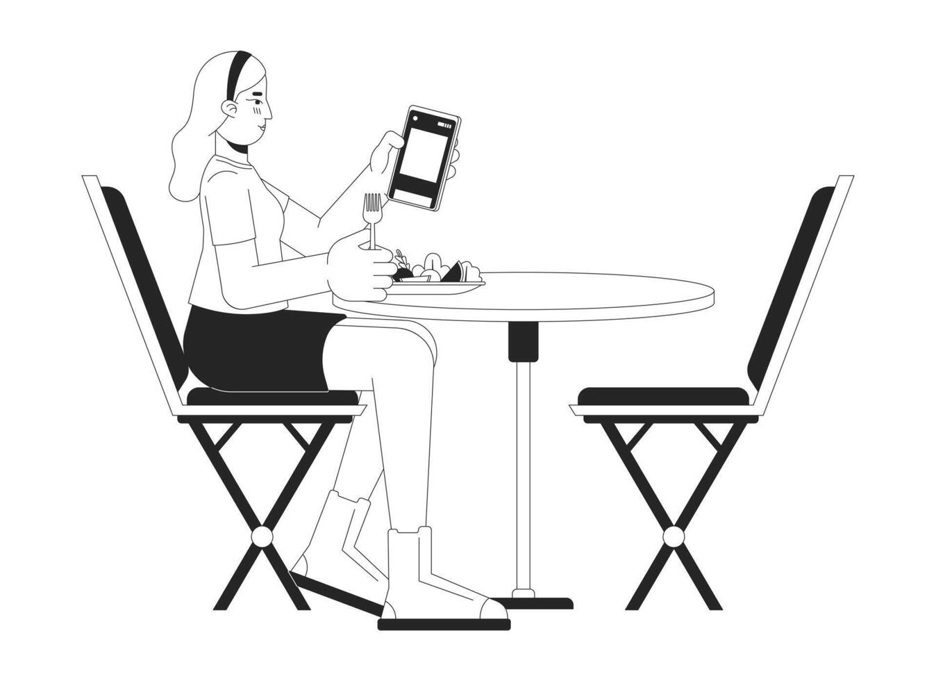 blond vrouw Aan telefoon terwijl aan het eten zwart en wit 2d lijn tekenfilm karakter. Kaukasisch vrouw scrollen smartphone geïsoleerd vector schets persoon. meisje Bij tafel monochromatisch vlak plek illustratie