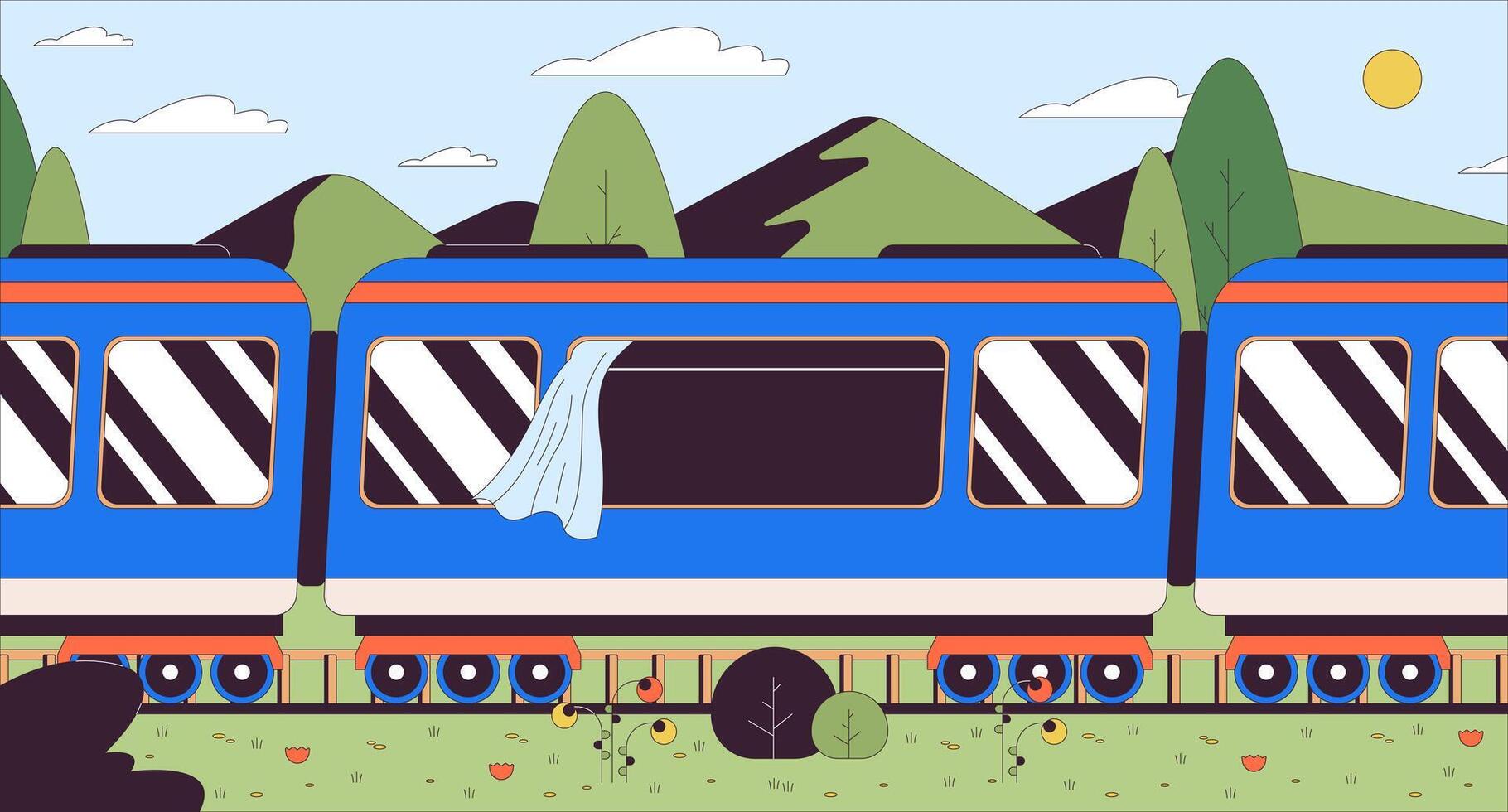 trein rijden door weelderig gras bergen tekenfilm vlak illustratie. spoorweg zomer 2d lijn landschap kleurrijk achtergrond. op reis platteland. spoorweg voorjaar dag tafereel vector verhaal vertellen beeld