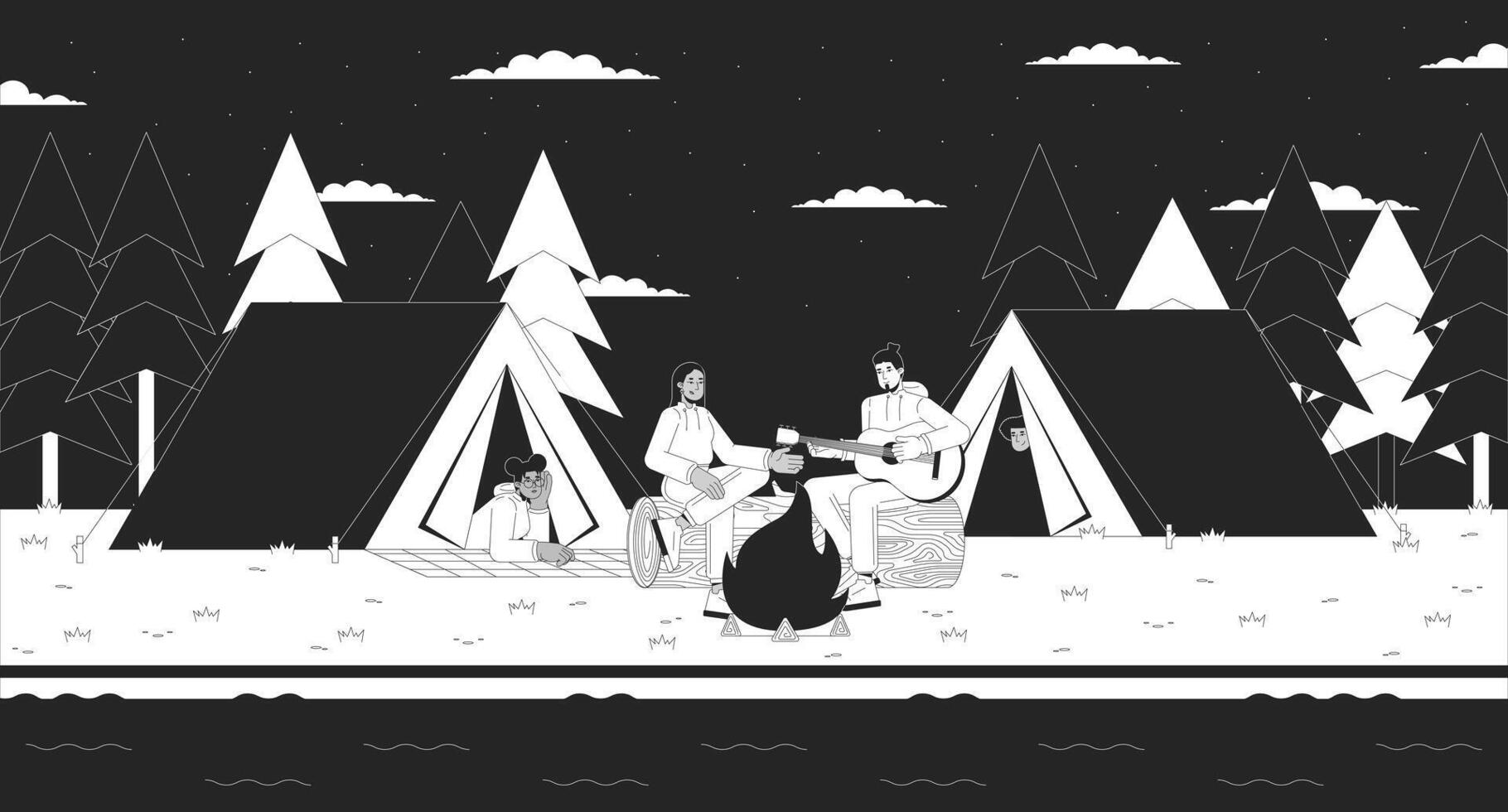 spelen gitaar vrienden camping tenten monochroom tekenfilm vlak illustratie vector