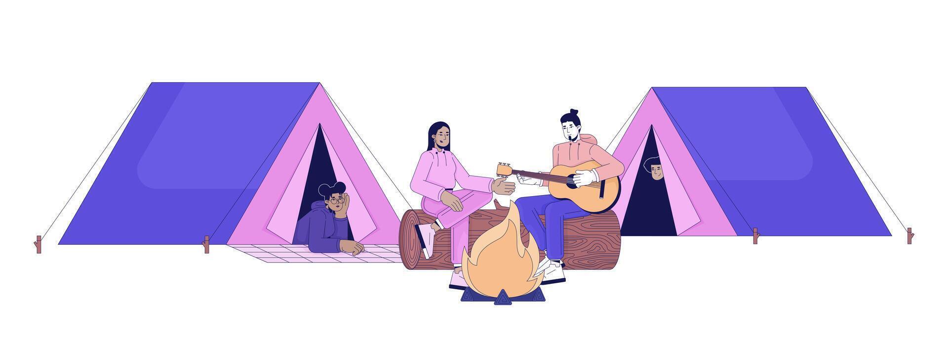 vreugdevuur vrienden camping tenten lineair tekenfilm tekens vector