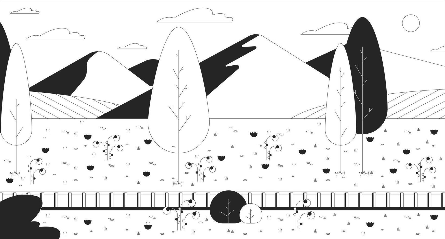 spoorweg heuvel zwart en wit lijn illustratie. spoorweg heuvel 2d landschap monochroom achtergrond. platteland het spoor lijn. zomer buitenshuis. zonnig dag gras bergen schets tafereel vector beeld