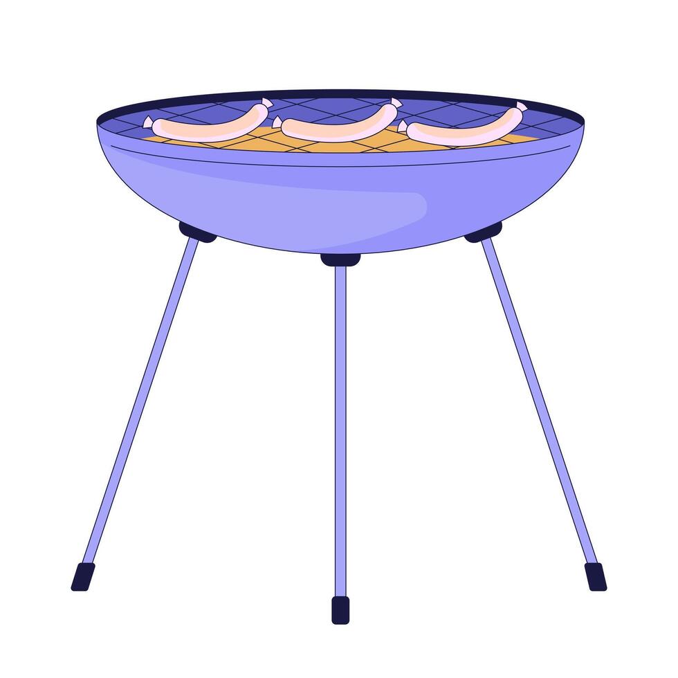 Koken worstjes Aan koperslager 2d lineair tekenfilm voorwerp. barbecue voedsel buitenshuis Koken geïsoleerd lijn vector element wit achtergrond. smakelijk picknick snacks voorbereiding kleur vlak plek illustratie