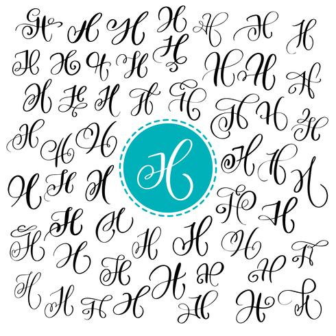 Set van hand getrokken vector kalligrafie letter H. Script lettertype. Geïsoleerde brieven geschreven met inkt. Handgeschreven penseelstijl. Hand belettering voor logo&#39;s verpakking ontwerp poster. Typografische reeks op witte achtergrond