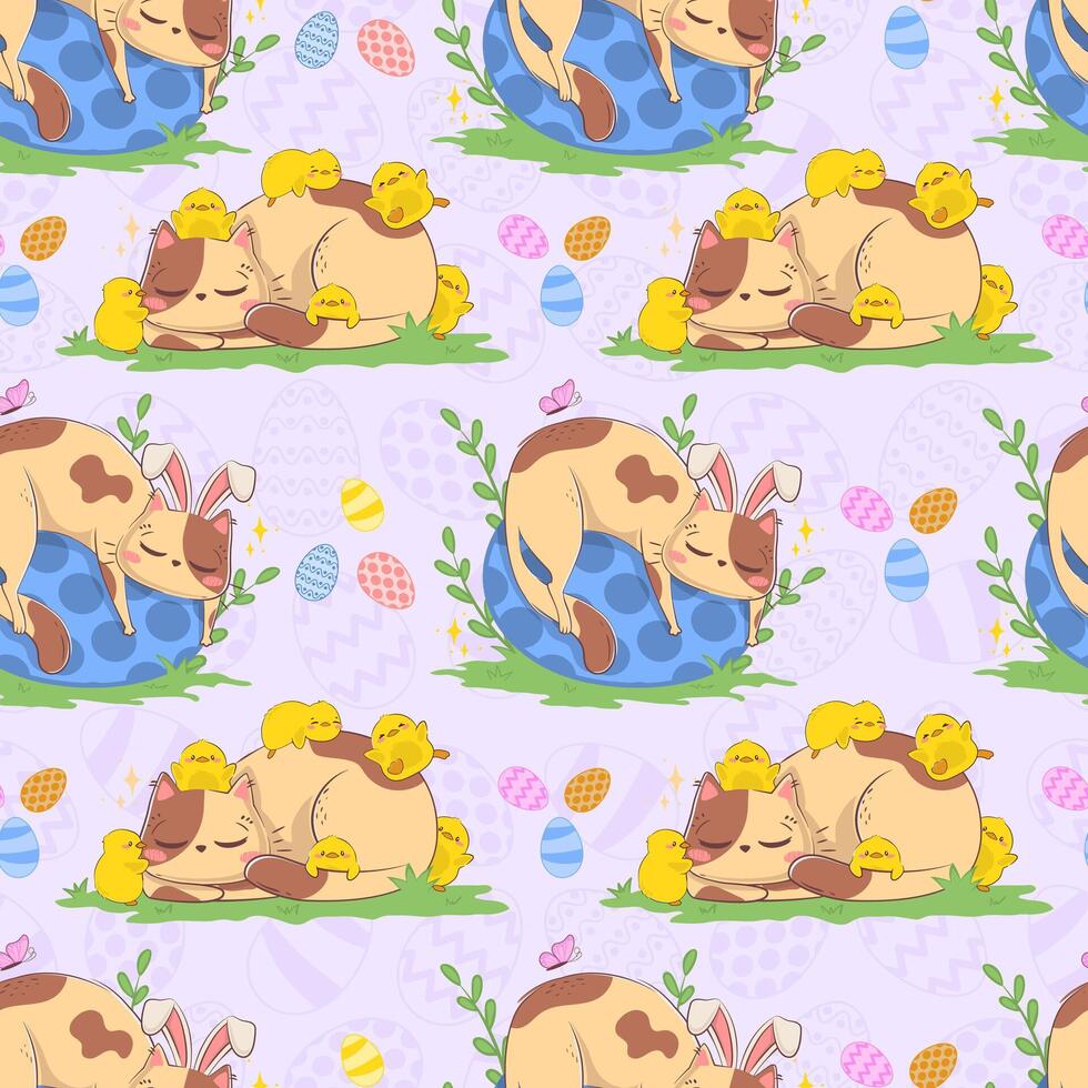 naadloos patroon met tekenfilm kat met konijn oren, kippen en Pasen eieren geïsoleerd Aan pastel achtergrond. vector