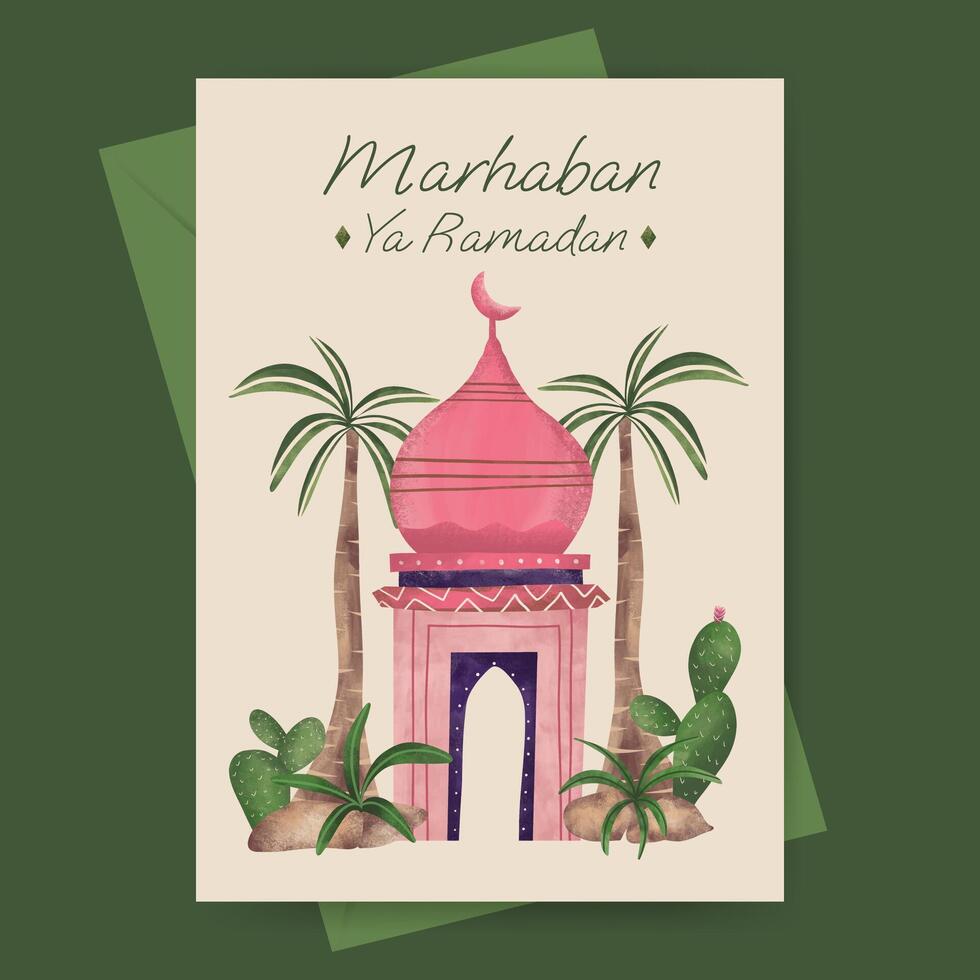 Islamitisch groet kaart met moskee en fabriek illustratie voor Ramadan eid mubarak Islamitisch dag. vector