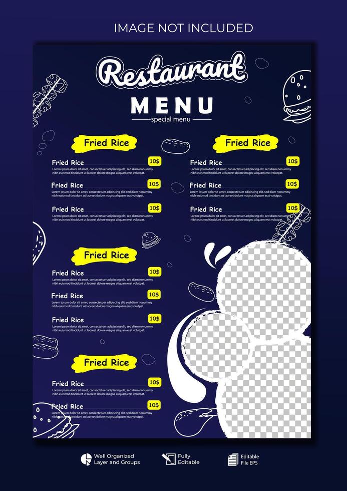 voedsel restaurant menu lay-out bewerkbare sjabloon, menu lijst cafe zwart modern sjabloon, lijst menu lay-out en voedsel poster restaurant voor avondeten lunch ontbijt menu sjabloon vector