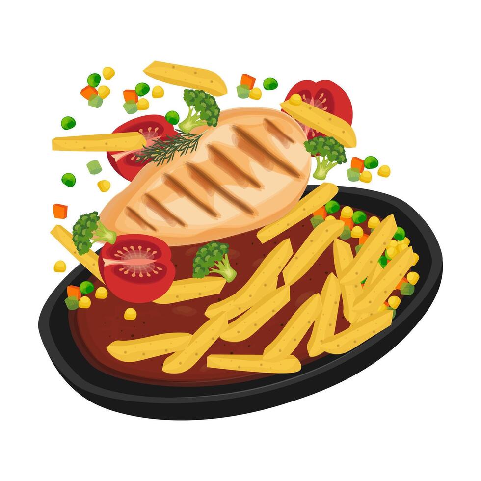 levitatie kip steak vector illustratie logo