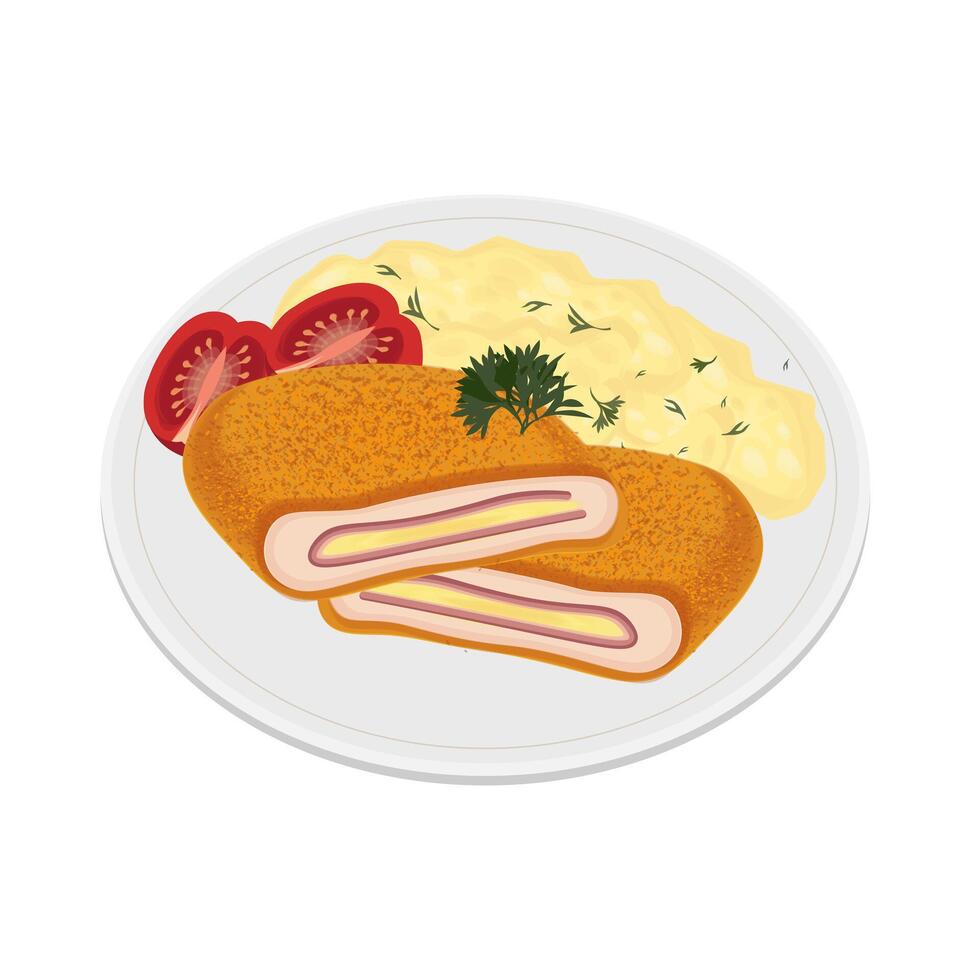 vector illustratie logo gebakken kip schnitzel cordon bleu met gepureerd aardappel