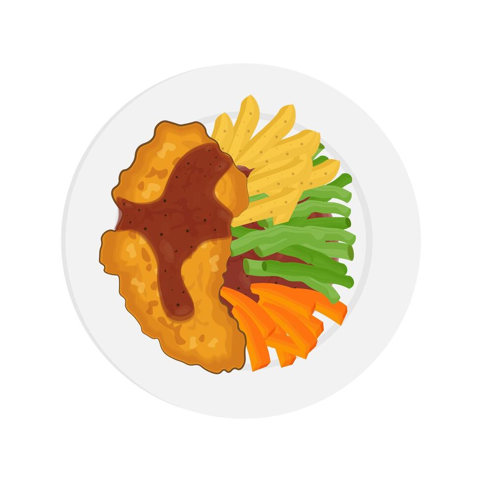 vector illustratie logo top visie krokant kip steak gemotregend met zwart peper saus