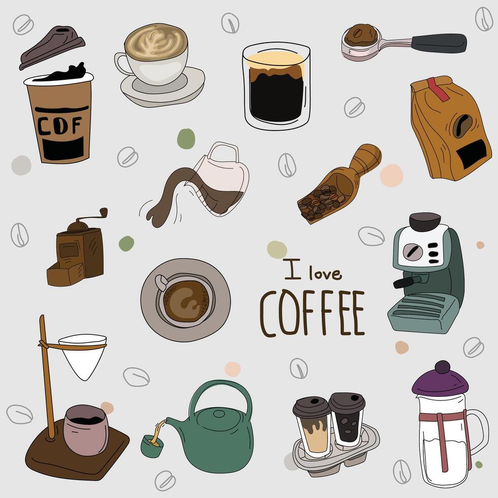 koffie winkel hand- getrokken tekening set. vector illustratie.