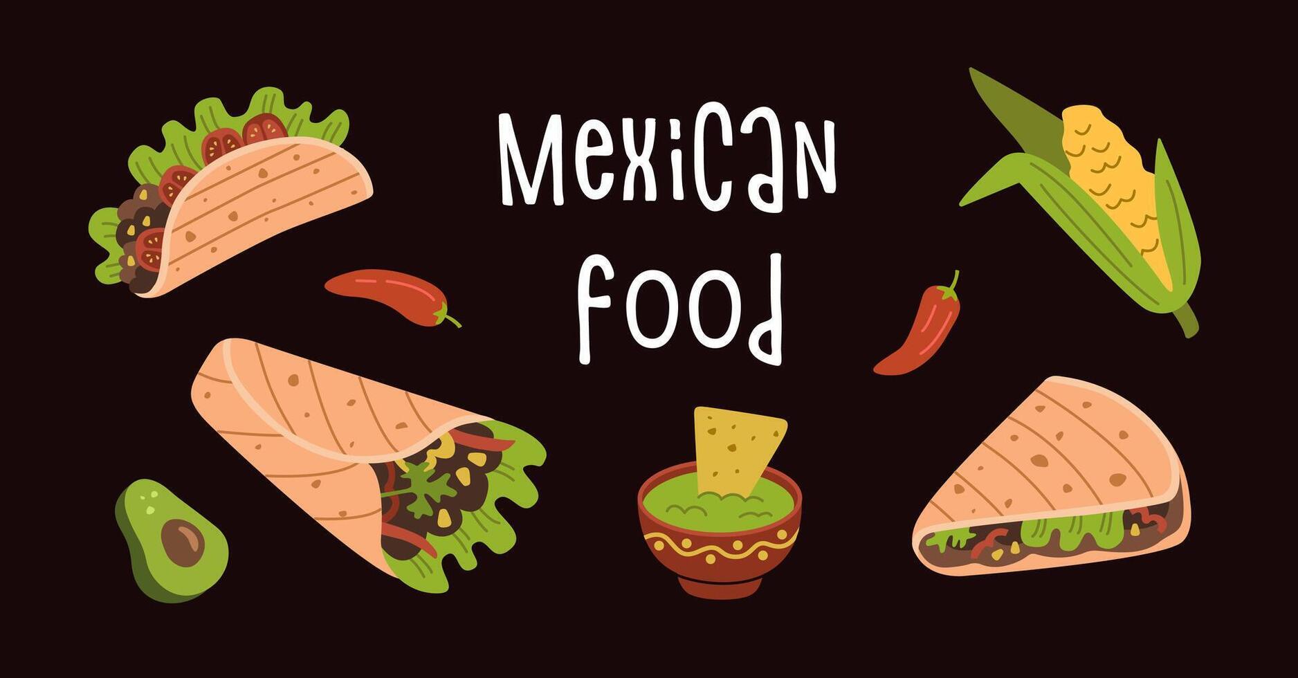 traditioneel Mexicaans keuken voedsel set. nationaal Mexico schotel met vlees, heet peper, avocado, kruiden, taco's, burrito's. vector