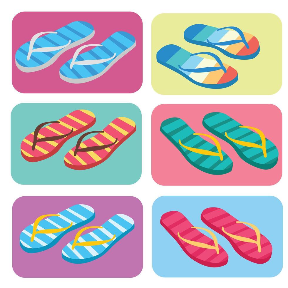 omdraaien flops vlak vector set. kleurrijk omdraaien flops illustratie in tekenfilm stijl. Hallo zomer concept. zomer vakantie item. zomer accessoires.