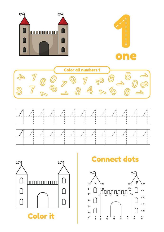 veel spellen Aan een bladzijde voor kinderen onderwijs. kleur bladzijde, punt naar punt, spoor. aan het leren aantal 1 vector