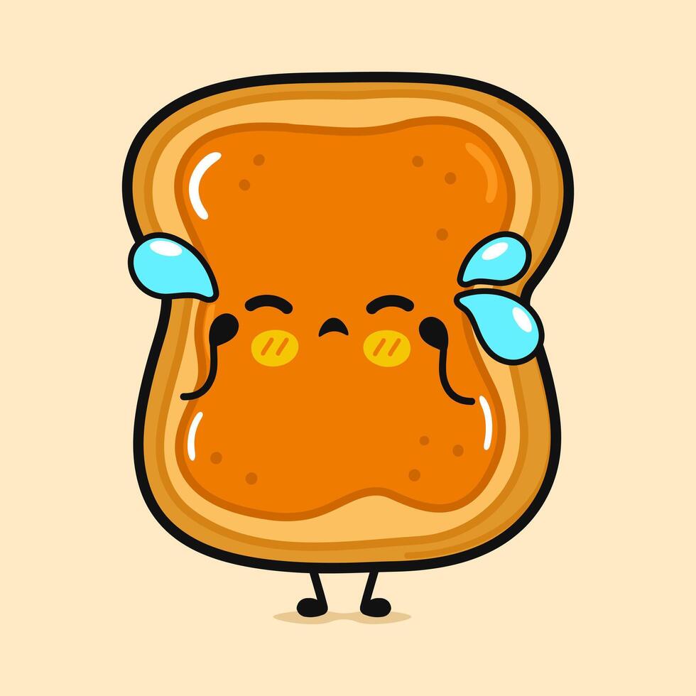 huilen geroosterd brood stuk van brood met pinda boter karakter. vector hand- getrokken tekenfilm kawaii karakter illustratie icoon. geïsoleerd Aan bruin achtergrond. geroosterd brood stuk van brood met pinda boter karakter