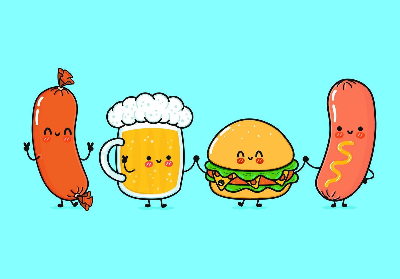 schattig, grappig gelukkig glas van bier, worst met mosterd en Hamburger. vector hand- getrokken tekenfilm kawaii karakters, illustratie icoon. grappig gelukkig glas van bier worst met mosterd Hamburger vrienden