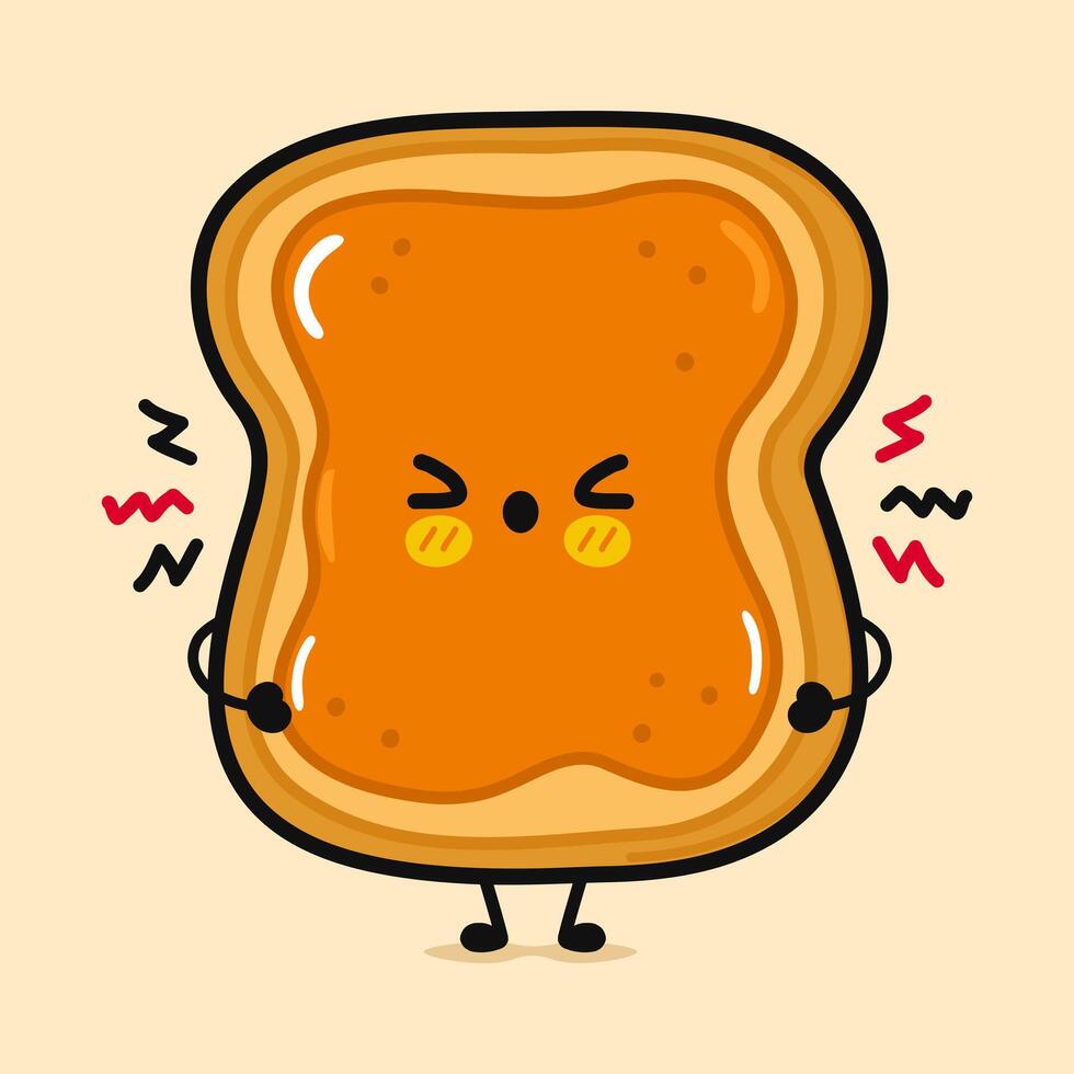 boos geroosterd brood stuk van brood met pinda boter. vector hand- getrokken tekenfilm kawaii karakter illustratie. geïsoleerd Aan bruin achtergrond. verdrietig geroosterd brood stuk van brood met pinda boter karakter concept