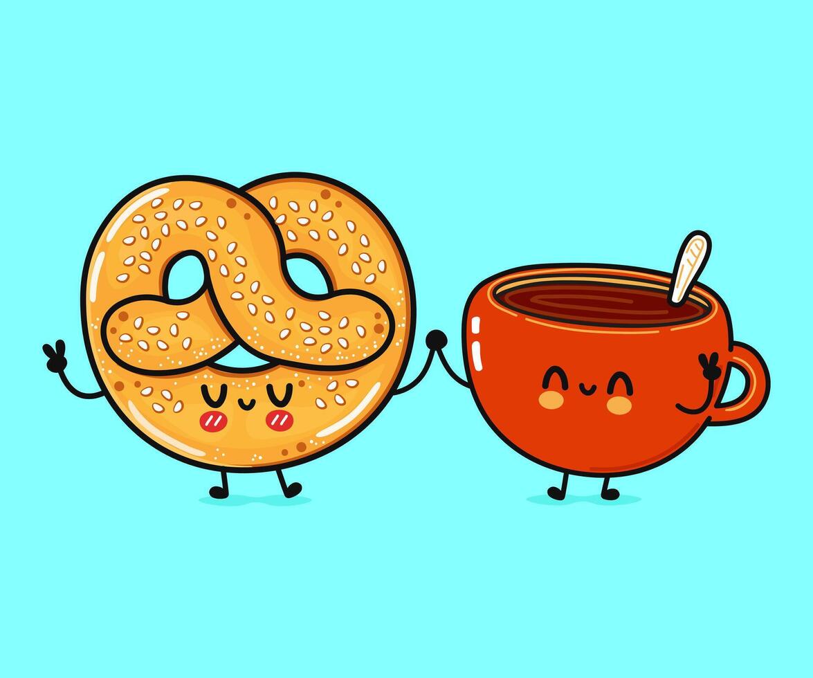 schattig, grappig gelukkig kop van koffie en Frans zoute krakeling karakter. vector hand- getrokken tekenfilm kawaii karakters, illustratie icoon. grappig tekenfilm kop van koffie en Frans zoute krakeling vrienden concept