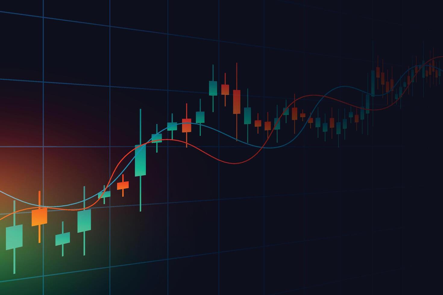 financieel bedrijf statistieken met bar diagram en kandelaar tabel tonen voorraad markt prijs Aan donker achtergrond vector