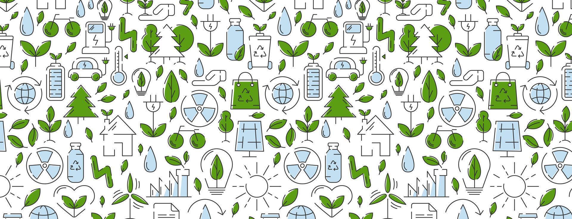 ecologie naadloos patroon, kleurrijk lijn pictogrammen. ecologie milieu verbetering, duurzaamheid, recyclen, hernieuwbaar energie. eco vriendelijk vector spandoek. voor omslag, omhulsel papier, textiel afdrukken