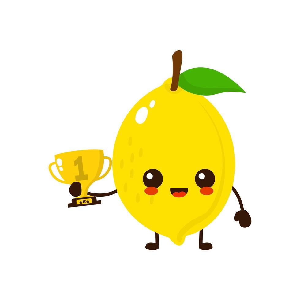 schattig gelukkig citroen fruit met goud trofee. vector vlak fruit tekenfilm karakter illustratie icoon ontwerp