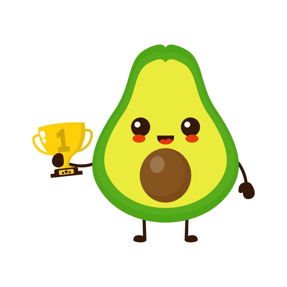 schattig gelukkig avocado fruit met goud trofee. vector vlak fruit tekenfilm karakter illustratie icoon ontwerp