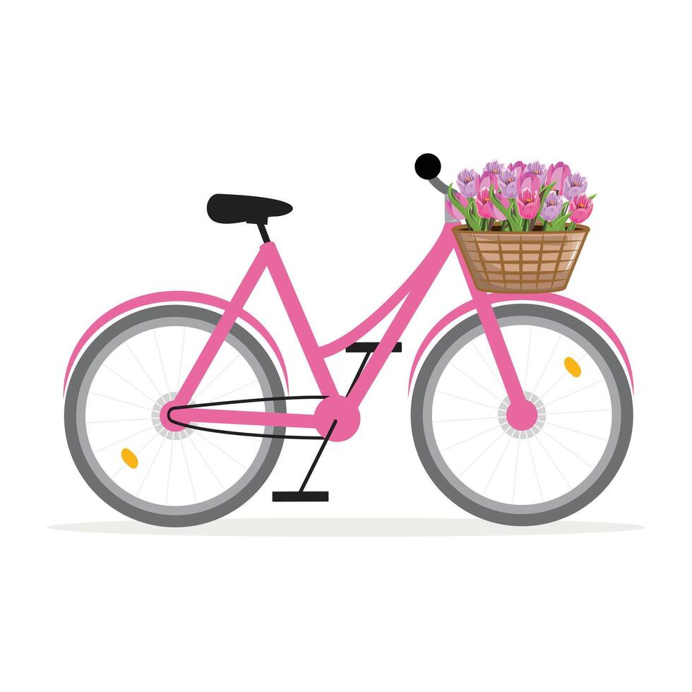 roze fiets met kleurrijk tulpen vector