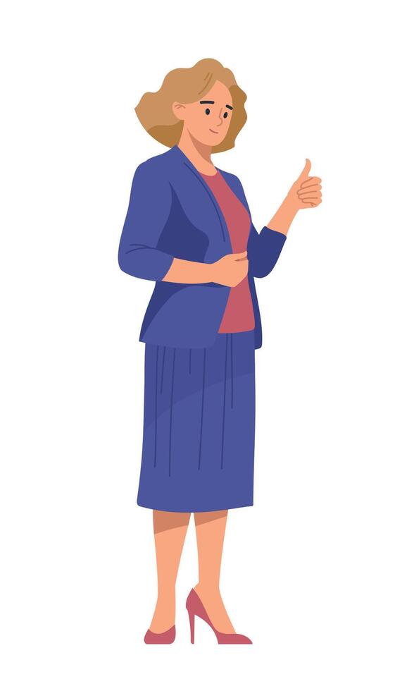 een vrouw in een bedrijf pak shows een duimen omhoog. kantoor arbeider. docent, baas, manager, moeder, mensen, meisje. hand- tekening. vector afbeelding.